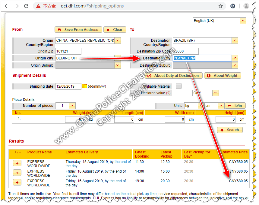 Shipping China Police Check Certificate to Planaltina